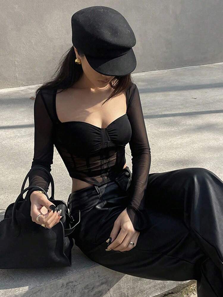 Solid Color Mesh Cropped Wrap Around Sexy Women Top Long Sleeve Women Tops