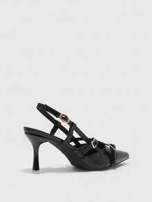 CUCCOO BIZCHIC Women's Pointed Toe Metal Rhinestone Buckle High Heel Pumps - Black - View 8