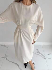 Siren Gaze 女士优雅纯色收腰长袖中长连衣裙，休闲日常穿着，秋季 - 杏色 - 查看 5