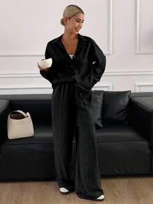 DAZY 西部风沙滩度假纯色牛仔效果亚麻宽松休闲两件套女装，春秋季西装套装女式休闲套装