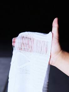 BamGleam Women's Sweater With Cut-Out Design, Distressed, Round Neck, Long Sleeve, Fringe, Loose Fit, Pure White, Autumn/Winter