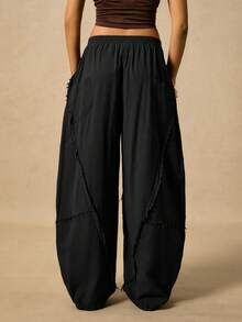 Easelle 女式休闲时尚街头时尚简约纯色松紧腰毛边香蕉裤 - 黑色 - 查看 2