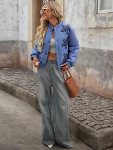 Brillora Abrigo casual acolchado para mujer con estampado de estrella de mar y diamante, cuello abierto, adecuado para salidas y vacaciones, otoño/invierno