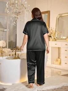 Valentines Plus Heart Embroidery Contrast Piping Satin Top & Pants PJ Set, Pajama Set