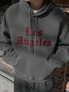 DAZY Sudadera con capucha térmica con diseño de bordado de letras góticas para hombres, gris carbón, otoño/invierno