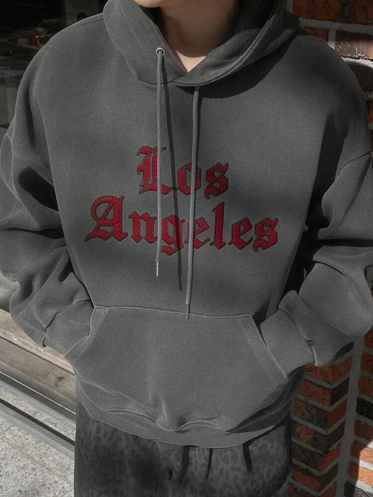 Men's Gothic Letter Embroidery Design Thermal Lined Hoodie, Charcoal Grey, Autumn/Winter