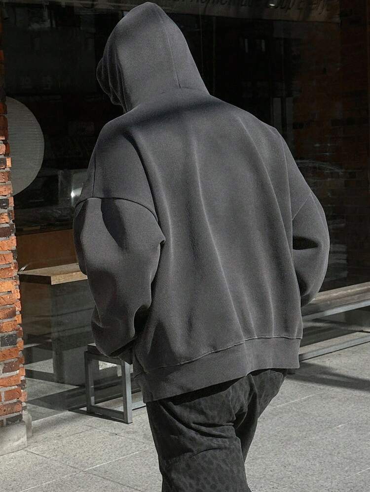 Men's Gothic Letter Embroidery Design Thermal Lined Hoodie, Charcoal Grey, Autumn/Winter