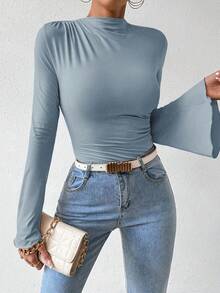 RosyDaze 女式纯色束腰喇叭袖飘逸紧身衣 - 藍色 - 查看 5