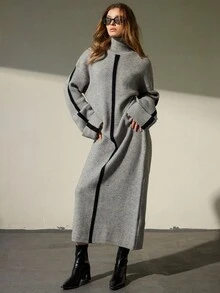 Aveloria Modichic 女式拼色休闲宽松长款毛衣裙 - 灰色 - 查看 2