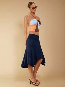 COSMINA Chân váy nâu xếp ly bất đối xứng thanh lịch dành cho nữ, phù hợp cho kỳ nghỉ xuân/hè - Màu xanh hải quân - Xem 3