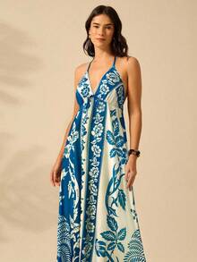 CAJUNI Đầm Maxi Đi Biển Mùa Hè Họa Tiết Hoa Và Cây Dừa Phong Cách Nhiệt Đới Boho Cho Nữ - Màu xanh lam - Xem 6