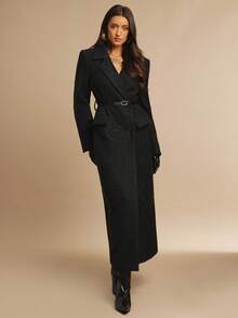 Silquee Áo khoác dài tay màu đen cao cấp, đơn giản, hai hàng khuy, túi ngang eo, thích hợp mặc thường ngày vào mùa thu đông. Áo khoác dài mùa đông dày dặn, có lót, dáng rộng, thích hợp mặc trong các dịp trang trọng, có thắt lưng điều chỉnh, trang phục ấm áp cho mùa thu đông dành cho nữ. - màu đen - Xem 5