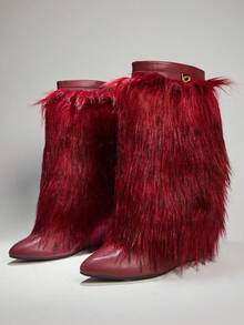 SHUZIA Botas de caña media con puntera puntiaguda y tacón de cuña de piel sintética para mujer - Burdeos - Ver 5