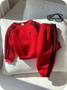 2 件套儿童男童休闲运动服、长袖运动衫和慢跑裤，舒适百搭运动百搭服装，适合室内、户外、日常、运动、玩耍、派对、拍照、度假、所有季节 - 紅色 - 查看 2