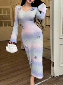 Feyla 女士花卉渐变色V领优雅毛衣裙 - 紫色 - 查看 4