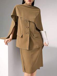 Heiryn Women's Fashion Single-Breasted Cape Blazer, Fall, Autumn, Office Wear Women - Khaki - View 5