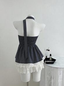 Elamini Lace Hem Crop Top With Plaid Strap Details, Babydoll Top