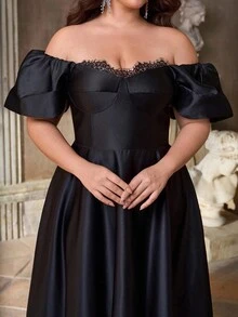 Aureia فستان أنيق وفاخر بأكمام مبالغ فيها وتفاصيل دانتيل على الكتف مع تنورة على شكل حرف A، مناسب للسهرات المسائية والمناسبات الخاصة كالمواعيد والعطلات والزفاف والتخرج والحفلات الراقصة