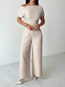 SHEIN PETITE Women's Summer New Arrival Simple Elegant Daily Casual Linen Commuter Wide Collar Off Shoulder Blouse And Wide Leg Pants Suit - Apricot - View 3