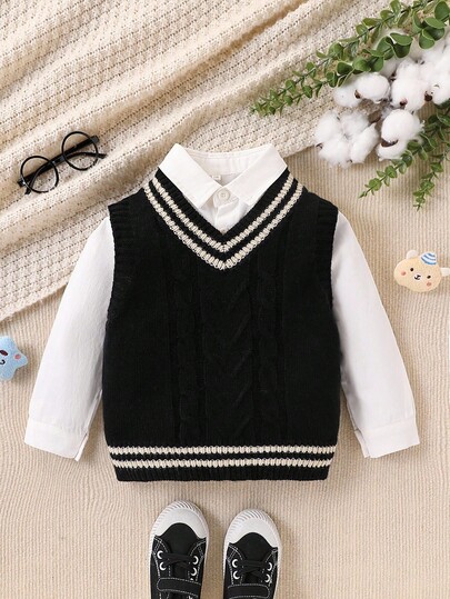 SHEIN Young Boy Striped & Cable Pattern V-Neck Knit Vest, Casual For Autumn Boys Winter Clothes Sets Boys Sweater Vest Boys Autumn Winter Casual Two Piece Set Boys Cardigan Boys Cable Knit Vest Black And White Sweater For Girls
