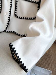 SHEIN Teen Girls Casual Two-Tone Edge Trim Short Jacket, Autumn Short Cardigancrop Cardiganblack And White Jacketcardigan White,White Solid Jacket, Back To School Season, Warm Winter Jacket, Girls Jacket - Apricot - View 5