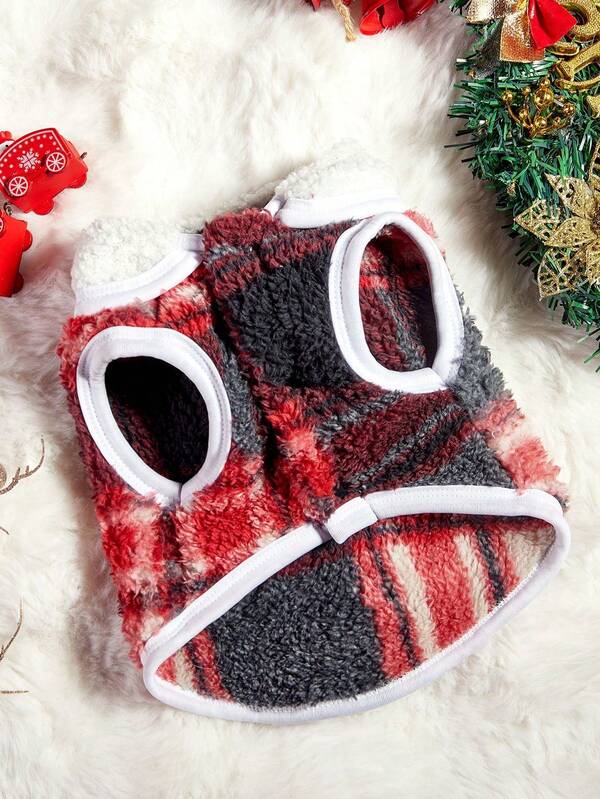 PETSIN 1pc Pet Dog/Cat Christmas Red Plaid Print Soft Warm Thermal Lined Reversible Coat