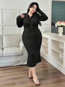 Modelyn Women's Fashionable Casual Elegant Solid Color Knit Plus Size Dress - Black - View 4