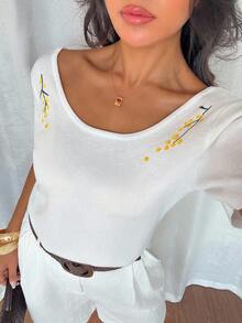 DAZY Women's Embroidered Fitted Breathable Backless Short Sleeve Knit Top - White - View 2