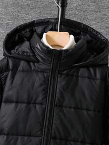 SHEIN Kids/Tween Boys Casual Black Winter Parka Coat,Hooded Mid-Length Thick Woven Padded Jacket With Patch & Tape,Warm Long Puffer Coat For School & Travel - Black - View 7