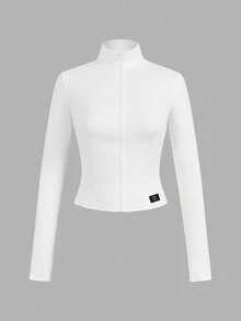 SHEIN EZwear 2pcs Versatile Fitted White & Black Knit Yoga Fitness Activewear, Letter Embroidery Graphic Zip-Up Long Sleeve T-Shirt, Chic For Autumn/Winter - Multicolor - View 9