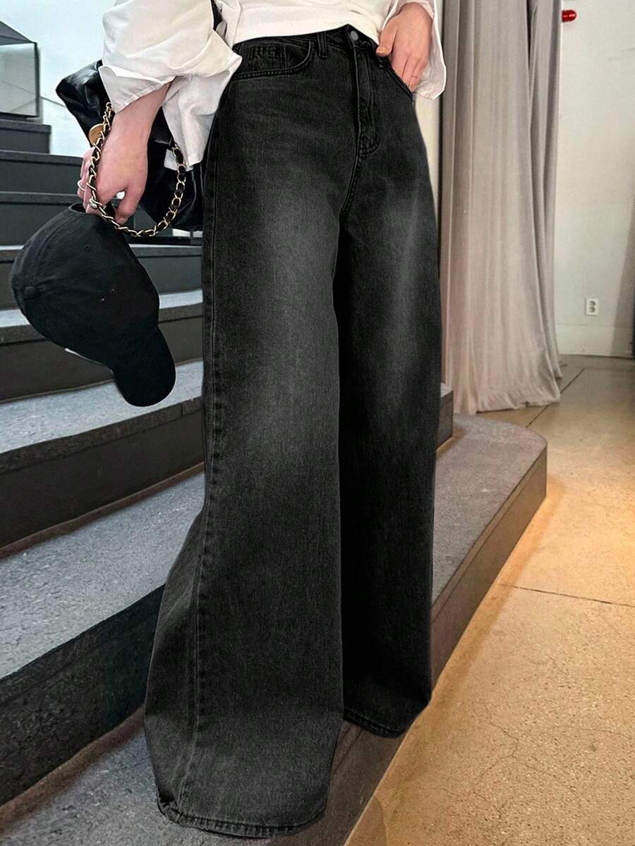 DAZY Jeans droits taille haute ample amincissants, minimaliste et polyvalent, pantalon confortable à longueur cheville pour femmes