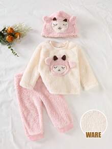 3pcs Baby Girls' Cartoon Sheep Embroidery Pajama Set With Hats,White And Pink,Autumn,Cute,Lounge Fleece Long Sleeve Winter Pajamas,9M-3Y Newborn Girl - Pink - View 3