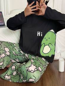 SHEIN Plus Size Cute Dinosaur Print Long Sleeve Top & Pants Pajama Set Dinosaur Pajamas Women, Fall Winter Clothes