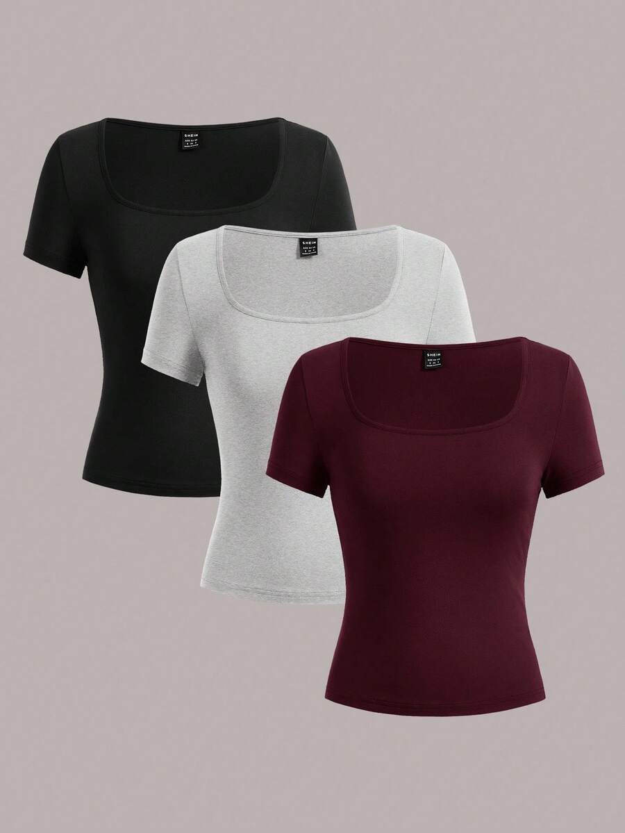 SHEIN EZwear 3pcs Women's Short Sleeve Cropped Casual Fitted T-Shirts, Suitable For Summer,Red Top - Multicolor - View 1