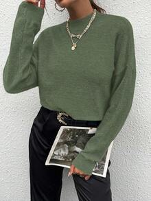 SHEIN Unity Sweater Wanita Kasual Warna Polos Leher Bulat Lengan Kelelawar, Musim Gugur/Dingin - Hijau Tentara - View 6