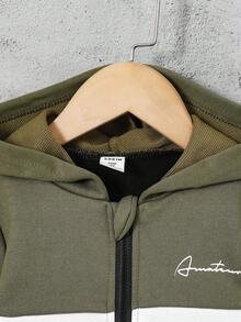 SHEIN Explorewe Young Boy Collegiate Style Color Block Zip-Up Hoodie Set, Spring/Autumn Fall Winter - Army Green - View 6