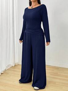 Solflare 藏青色加大码女装圆领长袖修身休闲上衣和直筒裤两件套阔腿裤套装舒适两件套2件休闲套装女 - 藏蓝色 - 查看 6