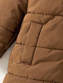 SHEIN Playful Pals 1 件女婴冬季新款 2025 缝线加厚棕色前口袋拉链连帽长款外套，百搭时尚