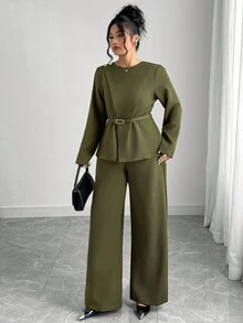 Elenzga Plus Size Women's Elegant French Romantic Office Commute Casual Vintage Middle Eastern Style Crew Neck Crossover Waist Metal Buckle Decor Long Sleeve Shirt + Loose Wide Leg Pants/Trousers Two Pieces Set, Suitable For Office, Street, Afternoon Tea, Party, Thanksgiving Blouse And Pants Set Modest Two Piece Set 2 Piece Casual Sets Woman Two Piece Set Women Elegant Olive Green Outfit Women - Army Green - View 3