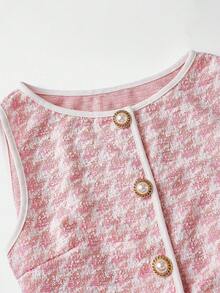 SHEIN MOD Women's Elegant Pink Knitted Houndstooth Tank Top With Contrast Binding And Pearl Buttons - Pink - View 5