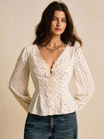 Poéselle Women's Shirts Button-Down Closures Polka Dot Shirts Tie-Back Waist Shirts Fitted Waist Shirts Elegant Shirts Women's Blouse Long-Sleeved Shirts Women's Elegant Commuter Polka Dot Print Lace Trim Blouse Fall Clothes For Women Autumn Outfits For Women Winter Clothes For Women  Women's Winter Clothes,Blusas Femininas Elegante