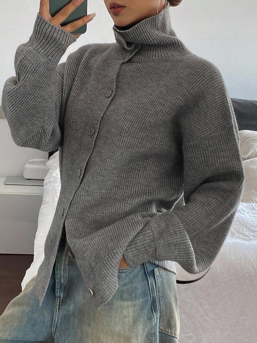 Livesso Cárdigan de cuello alto holgado de unicolor para mujer, de estilo minimalista, para otoño/invierno - Gris - Ver 1