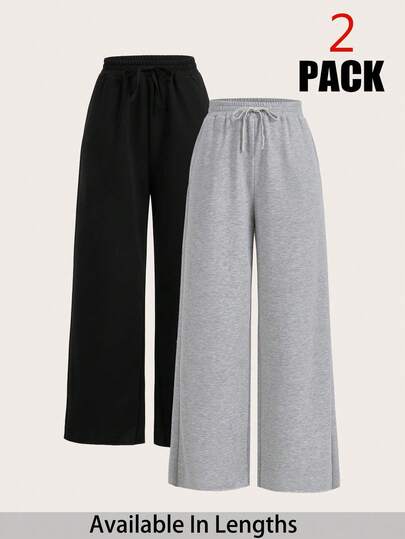 SHEIN PETITE CURVE 大码女式纯色抽绳腰阔腿宽松休闲裤