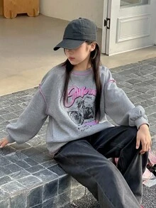 DAZY Tween Girls Crew Neck Printed Fleece Sweatshirt, Fall,Winter - Grey - View 5