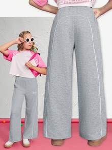 SHEIN Tween Girls Baggy Grey Sweatpants,Casual Back-To-School Wide-Leg Pants,Mid-Rise Contrast Striped Knit Straight Pants For Summer School Daily Wear - Light Grey - View 1