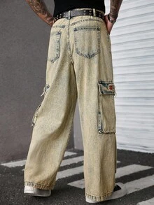 Manfinity EMRG American Streetwear 刺绣宽腿水洗复古宽松工装牛仔裤 - 藍色 - 查看 2