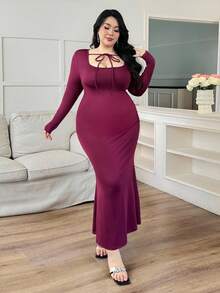 Modelyn Women's Fashionable Casual Elegant Solid Color Knit Plus Size Dress - Purple - View 3