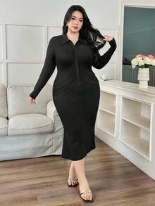 Modelyn Women's Fashionable Casual Elegant Solid Color Knit Plus Size Dress - Black - View 3