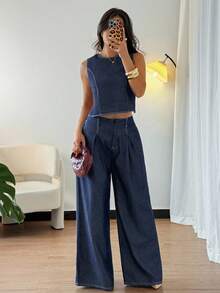 DAZY 女士无袖上衣和休闲长裤牛仔套装 - 藍色 - 查看 3