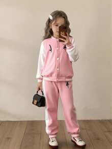 SHEIN Elladie kids Strój dla młodej dziewczyny, baleriny, z nadrukiem w bloki kolorów, z długim rękawem, kurtka i spodnie, swobodny strój na jesień/zimę - Wielokolorowe - Zobacz 9